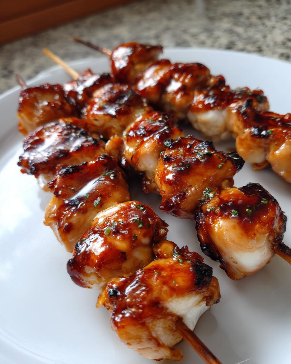 Close-up of three skewers loaded with juicy chicken skewers, coated in a thick, glossy, caramelized glaze and sprinkled with herbs.