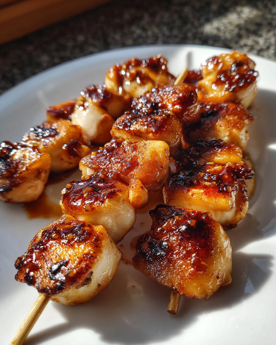 Close-up of three skewers featuring juicy, glazed pieces of chicken skewers with a caramelized, dark brown coating.