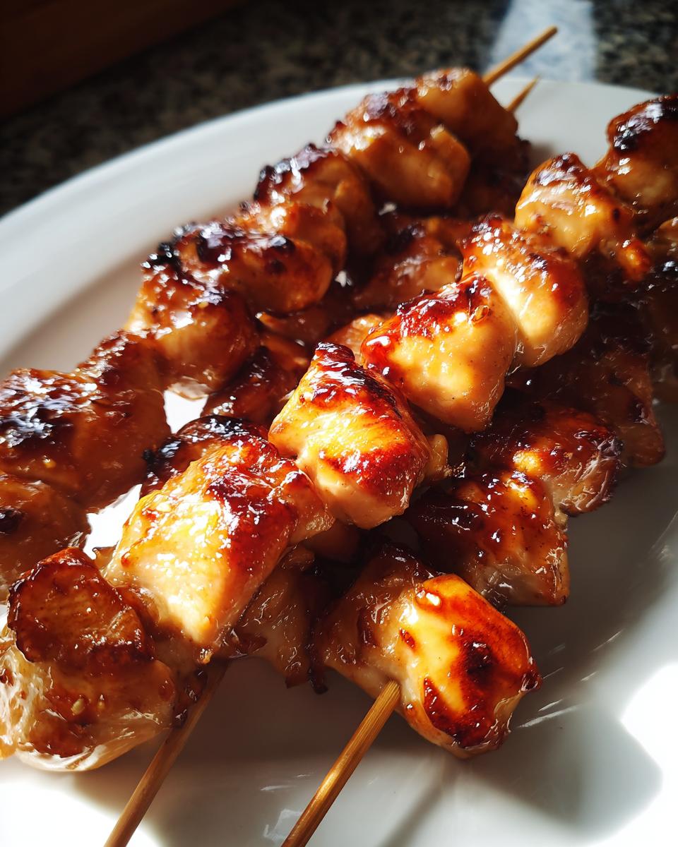 Close-up of several juicy, glazed chicken skewers resting on a white plate, showing caramelized edges.