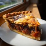 Close-up of a juicy slice of mincemeat pie featuring a rich, dark filling and a golden, flaky crust.