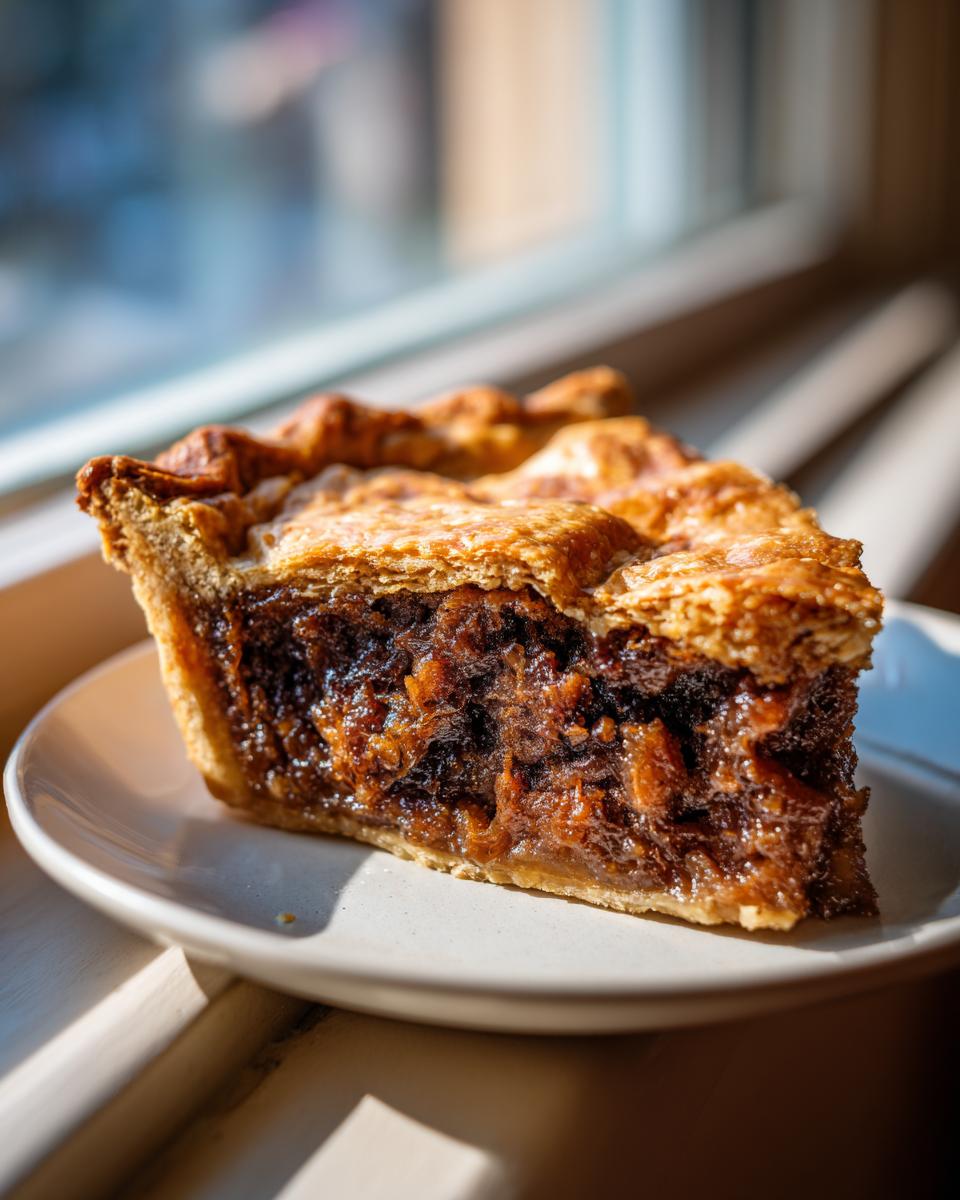 Close-up of a thick slice of mincemeat pie showing the dark, rich filling and flaky golden crust.
