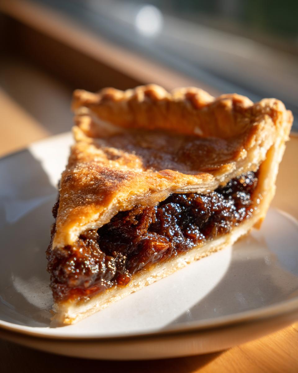 Close-up of a single slice of mincemeat pie showing rich, dark filling and a flaky, golden crust.