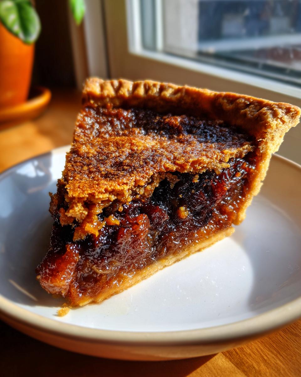 Close-up of a slice of juicy mincemeat pie showing rich, dark filling and a crumbly, sugared top crust.
