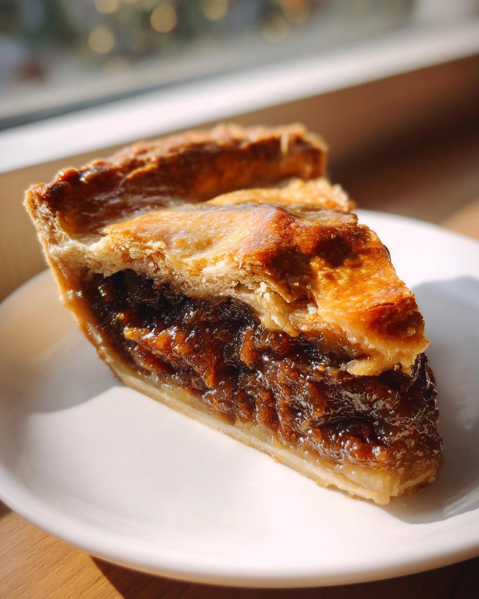 Close-up of a thick slice of juicy mincemeat pie showing the rich, dark filling and golden, flaky pastry crust.