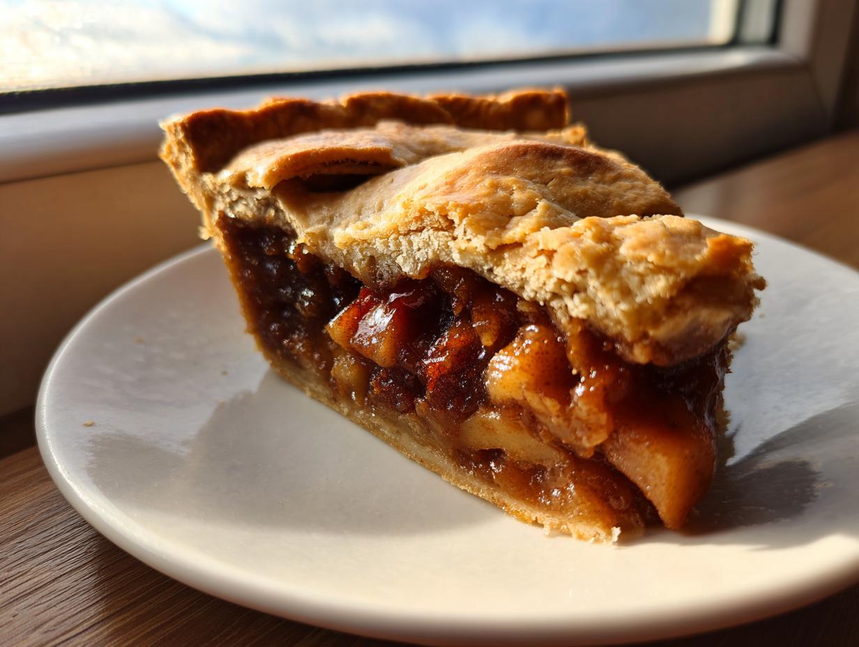 A close-up slice of juicy mincemeat pie showing the rich filling and flaky golden crust, backlit by a window.
