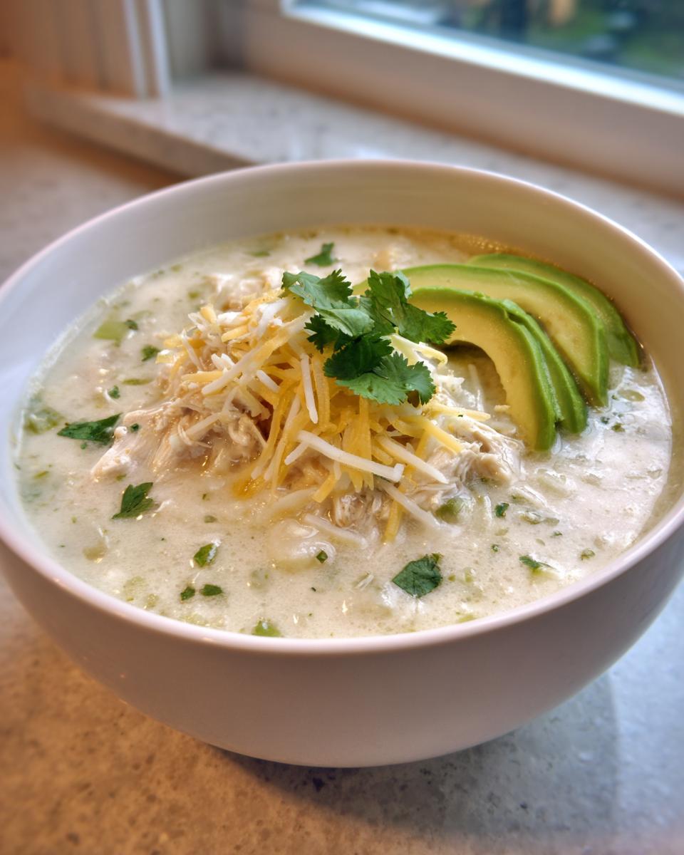 A close-up of a white bowl filled with creamy keto white chicken chili, topped with shredded cheese, cilantro, and sliced avocado.