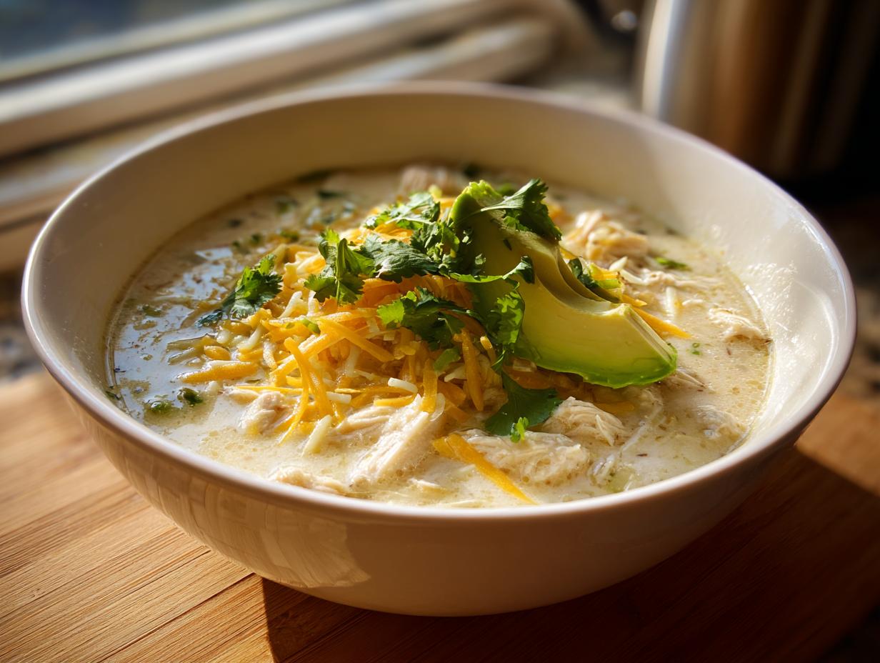 A close-up of a creamy bowl of keto white chicken chili topped with shredded cheese, avocado slices, and cilantro.