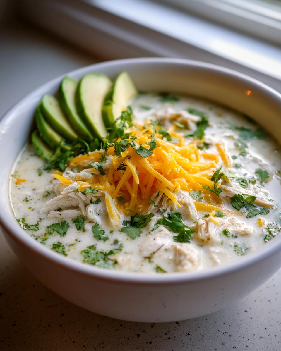 A close-up of a white bowl filled with creamy keto white chicken chili, topped with shredded cheese, cilantro, and avocado slices.