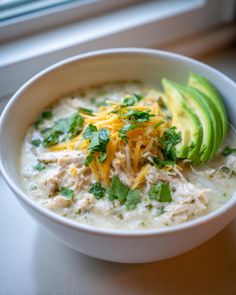 A close-up of a white bowl filled with creamy keto white chicken chili, topped with shredded cheese, cilantro, and sliced avocado.
