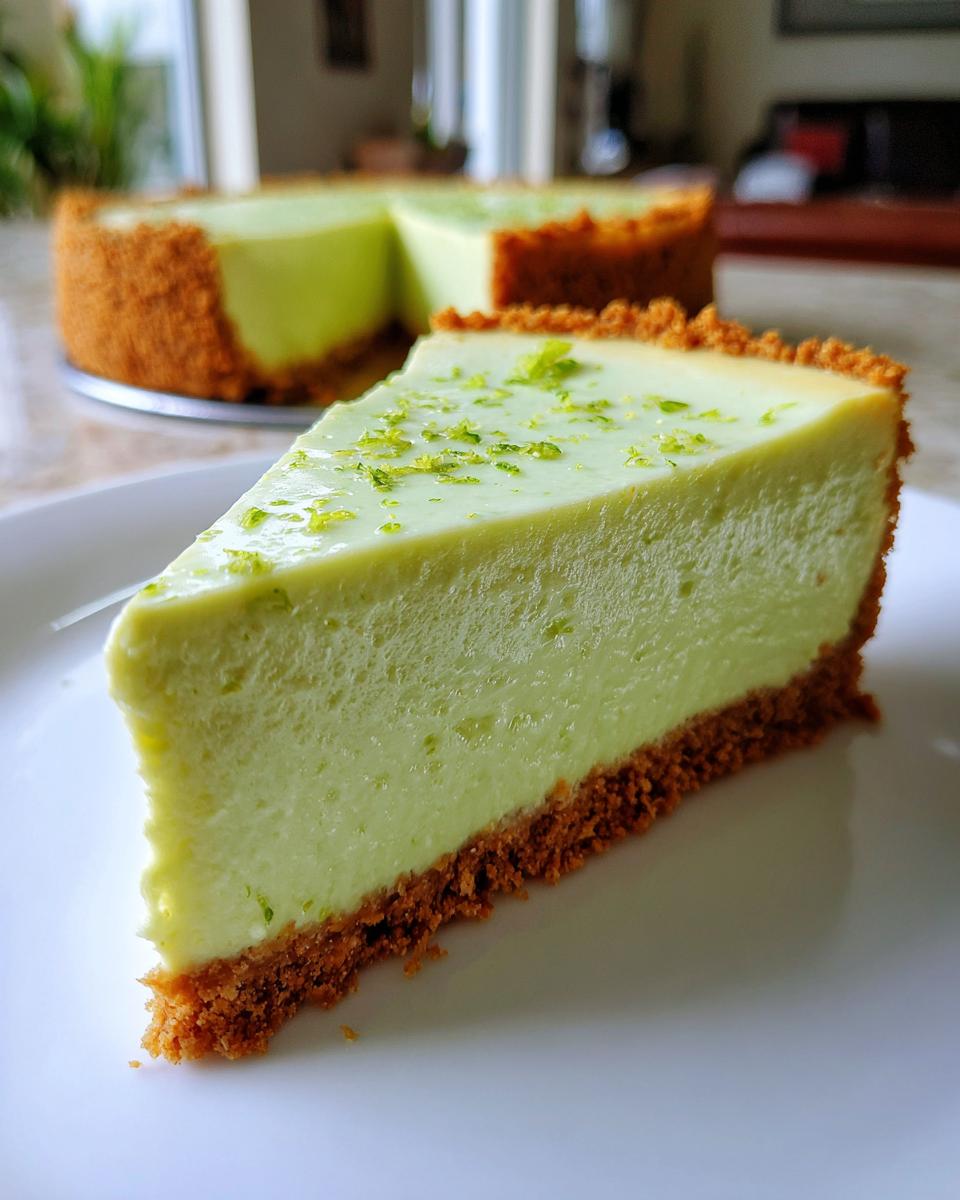 A close-up of a slice of creamy, pale green key lime cheesecake with a graham cracker crust, topped with lime zest.