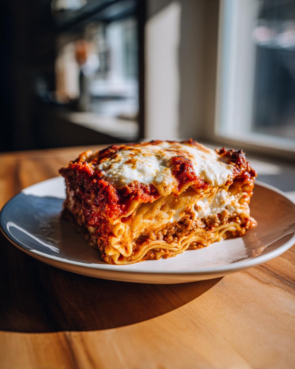 Close-up of a thick, layered slice of lasagna, a type of pasta bake, topped with melted cheese and rich tomato sauce.