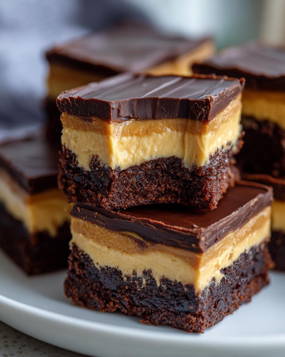 Close-up of stacked, rich, three-layer buckeye brownies showing the brownie base, peanut butter filling, and chocolate topping.