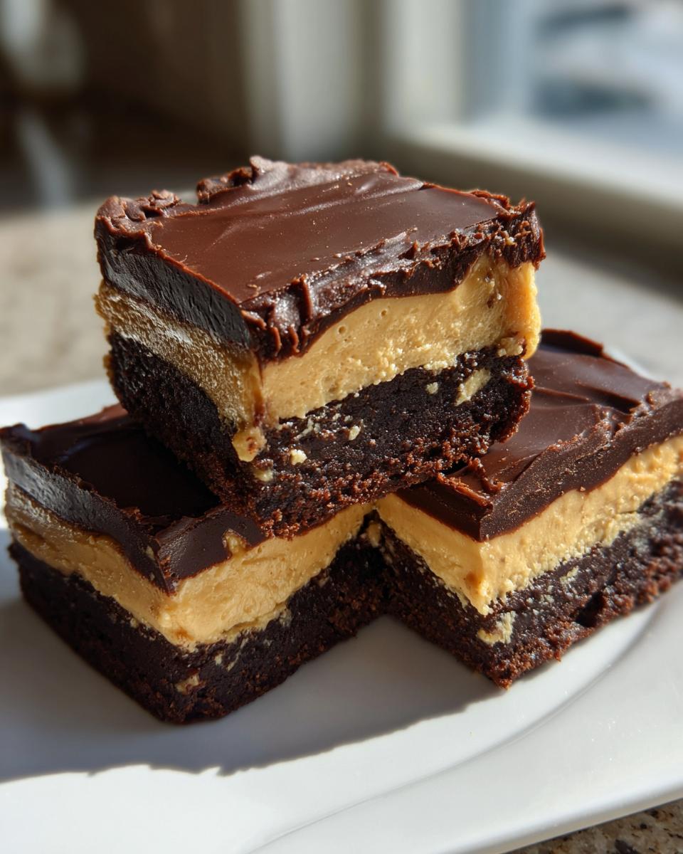 Three rich, layered buckeye brownies stacked on a white plate, showing the brownie base, peanut butter layer, and chocolate topping.