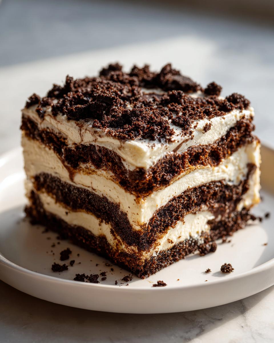A perfect square slice of layered dirt cake showing alternating dark chocolate cookie crumbs and creamy white filling.