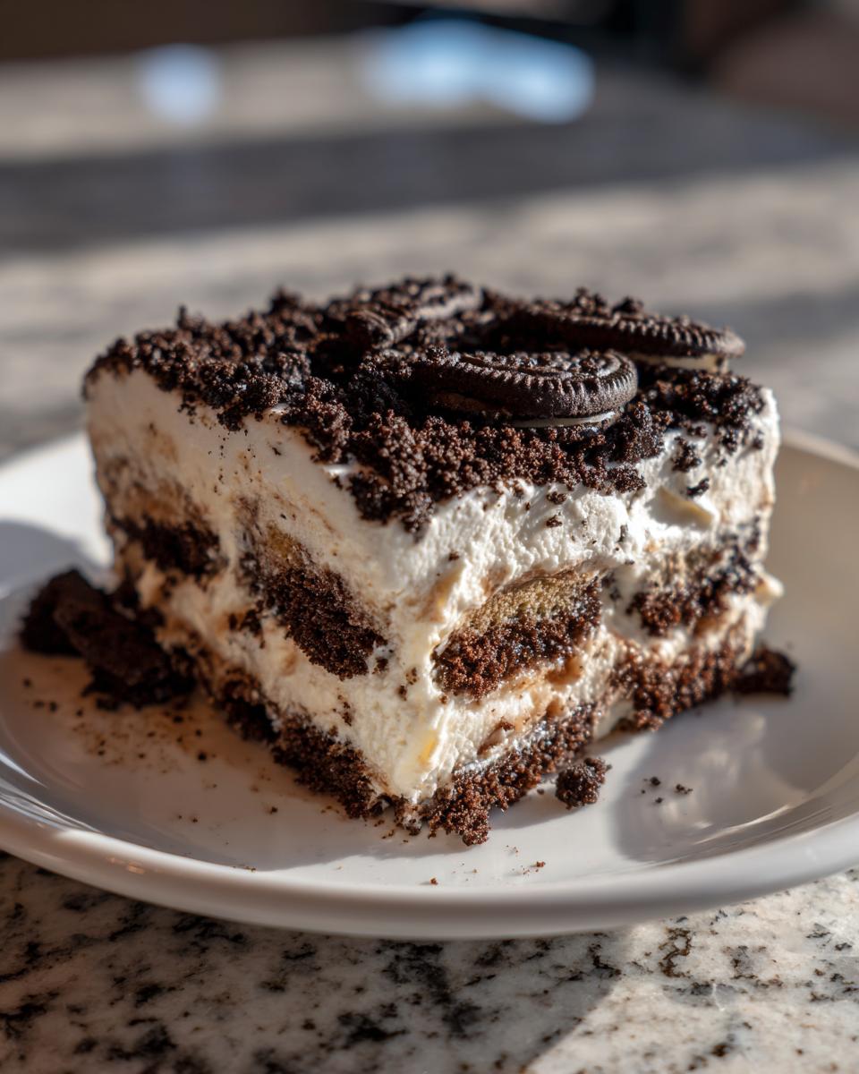 A decadent, layered slice of dirt cake featuring cream filling and crushed Oreos, topped with whole mini cookies.