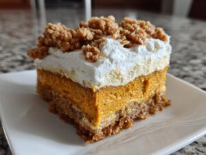 A layered slice of pumpkin crunch dessert featuring a crust, thick pumpkin layer, whipped topping, and crunchy topping.