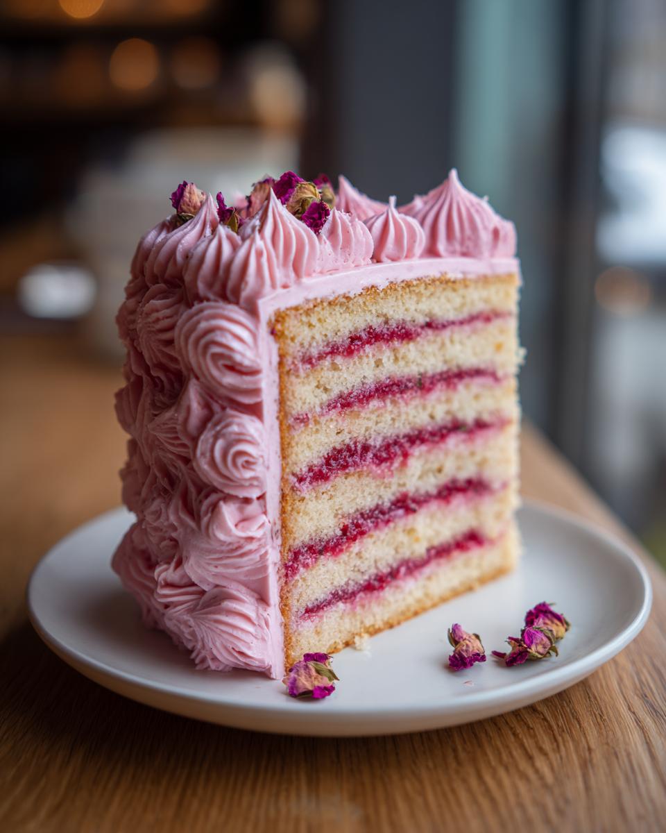 A tall slice of layered rose cake featuring light sponge, pink jam filling, and elaborate pink buttercream frosting, garnished with dried rosebuds.