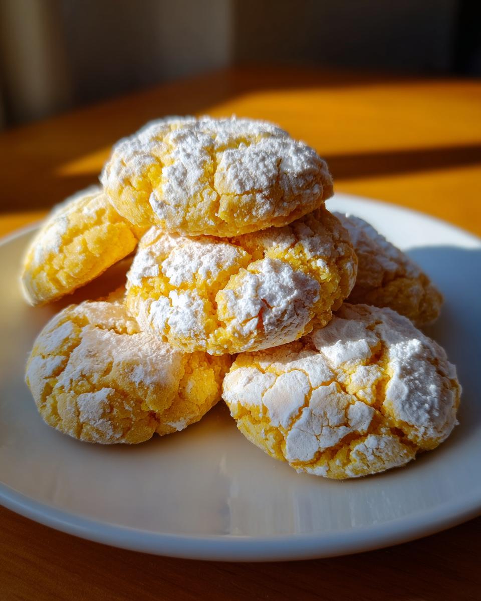 A stack of bright yellow lemon crinkle cookies heavily dusted with powdered sugar, sitting on a white plate.