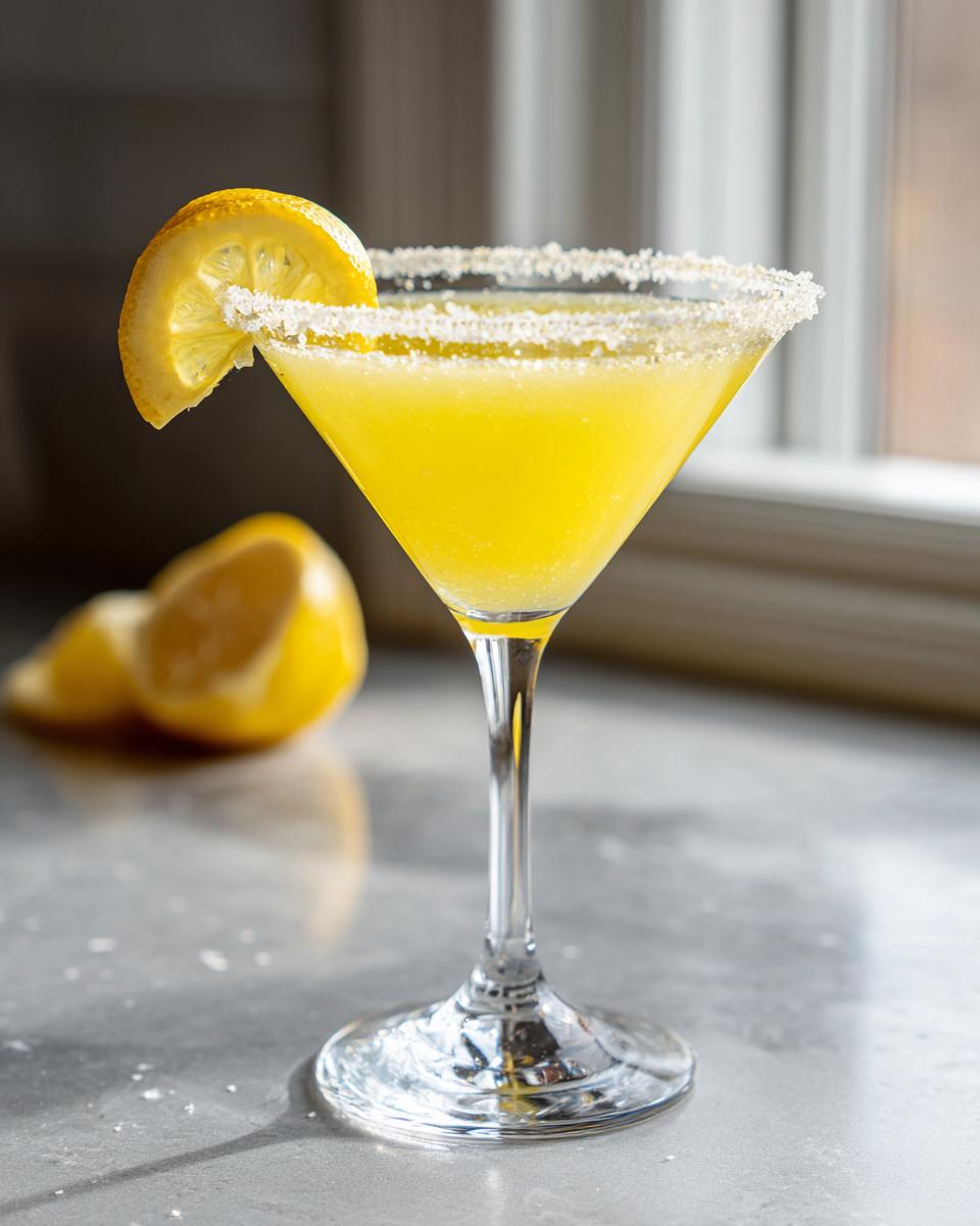 A bright yellow lemon drop cocktail served in a sugar-rimmed martini glass, garnished with a lemon wheel.
