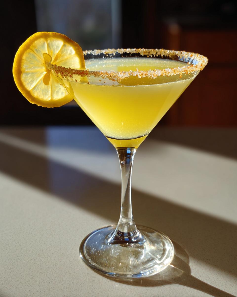 A bright yellow lemon drop cocktail served in a martini glass with a sugared rim and lemon wheel garnish.
