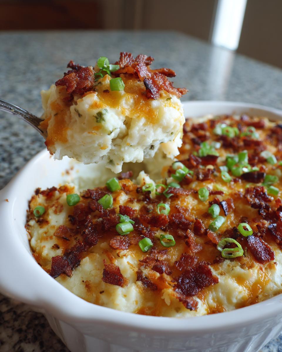 A spoonful of creamy loaded mashed potatoes topped with melted cheese, bacon bits, and green onions being lifted from a white baking dish.