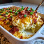 A spoonful of cheesy, bacon-topped loaded mashed potatoes being lifted from a white baking dish.