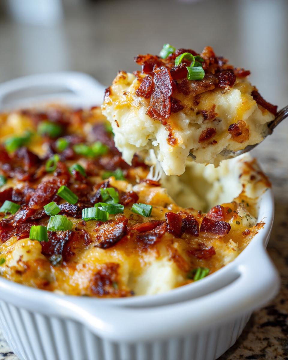 A spoonful of creamy loaded mashed potatoes topped with melted cheese, bacon bits, and green onions being lifted from a white baking dish.