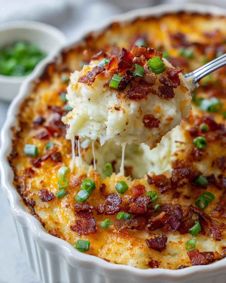 A spoonful of cheesy, baked loaded mashed potatoes topped with bacon bits and green onions being lifted from the dish.