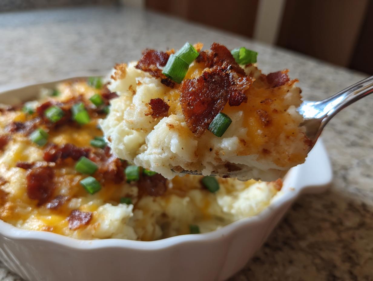 A spoonful of creamy loaded mashed potatoes topped with melted cheese, crispy bacon, and green onions being lifted from a white dish.