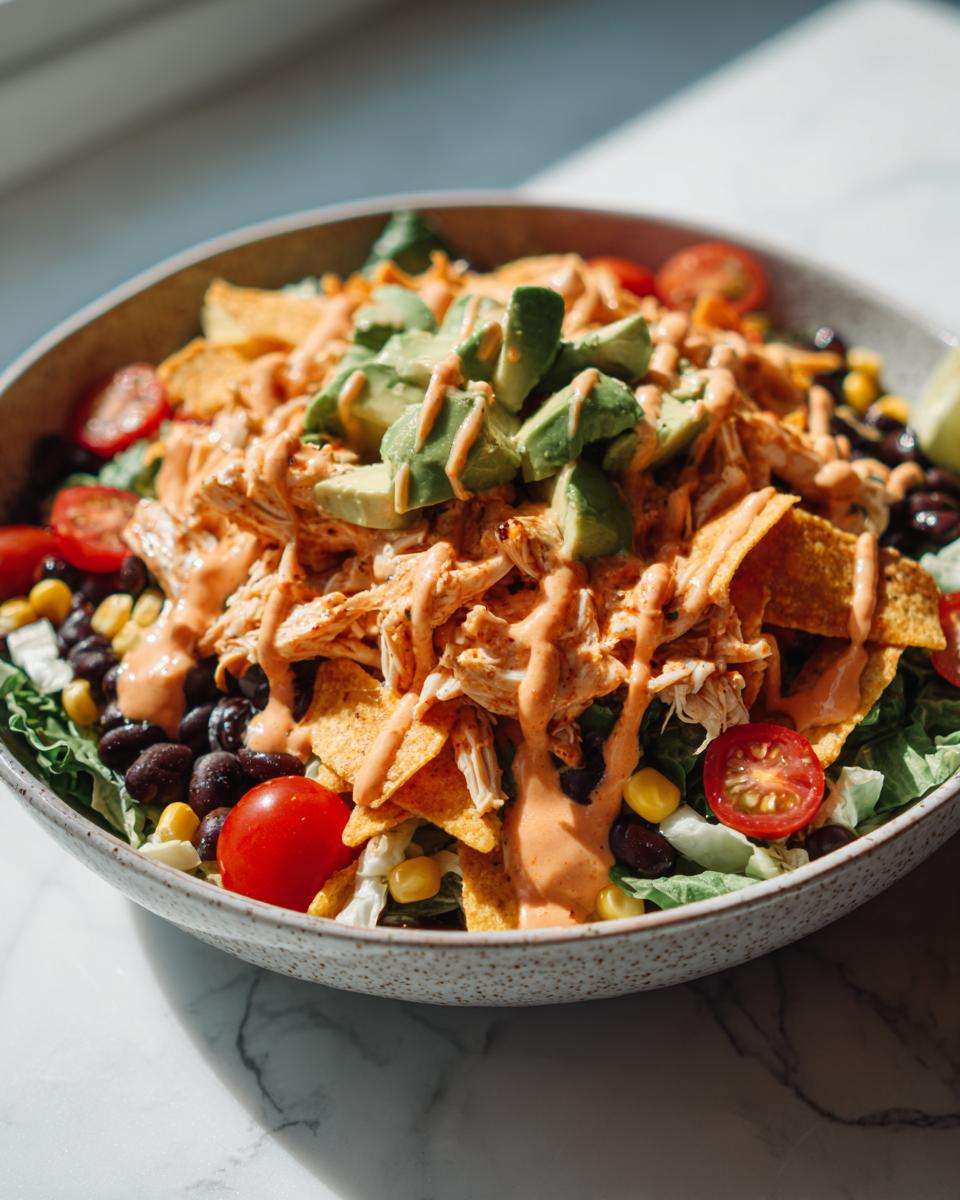A vibrant bowl of southwest salad featuring shredded chicken, black beans, corn, tortilla chips, avocado, and creamy dressing.
