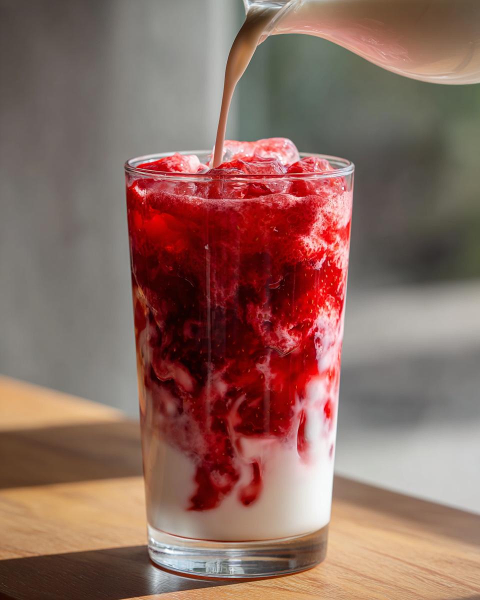 Milk being poured over crushed strawberries and ice to create strawberry milk in a tall glass.