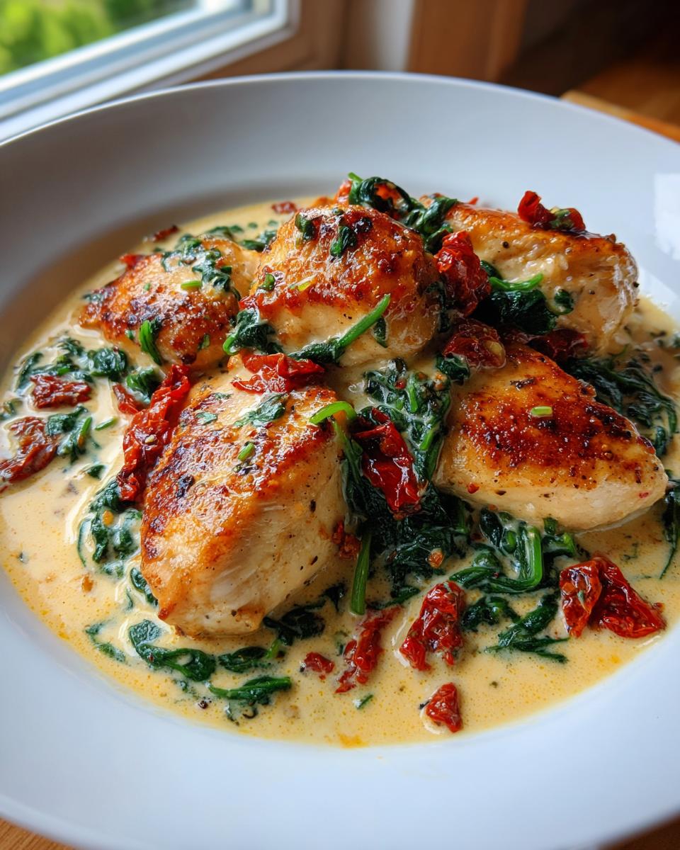 Four golden-brown pieces of Marry Me Chicken served in a creamy sauce with wilted spinach and sun-dried tomatoes.