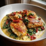 Three golden-brown pieces of Marry Me Chicken served in a creamy sauce with wilted spinach and sun-dried tomatoes.