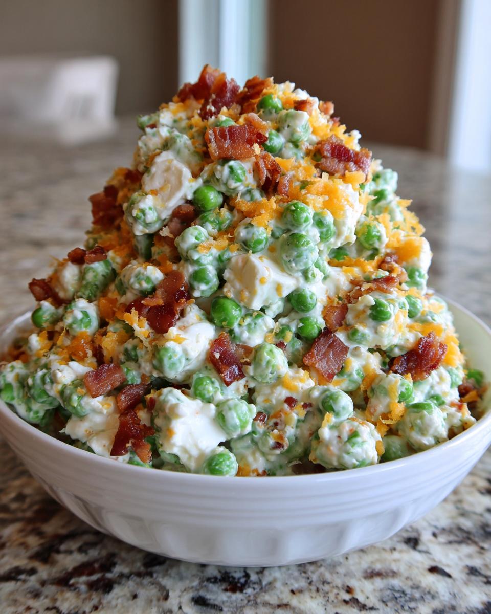 A large mound of creamy pea salad mixed with cheese and topped generously with crumbled bacon pieces.