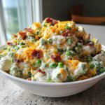 A large white bowl filled with creamy pea salad, topped generously with shredded cheddar cheese and crispy bacon bits.