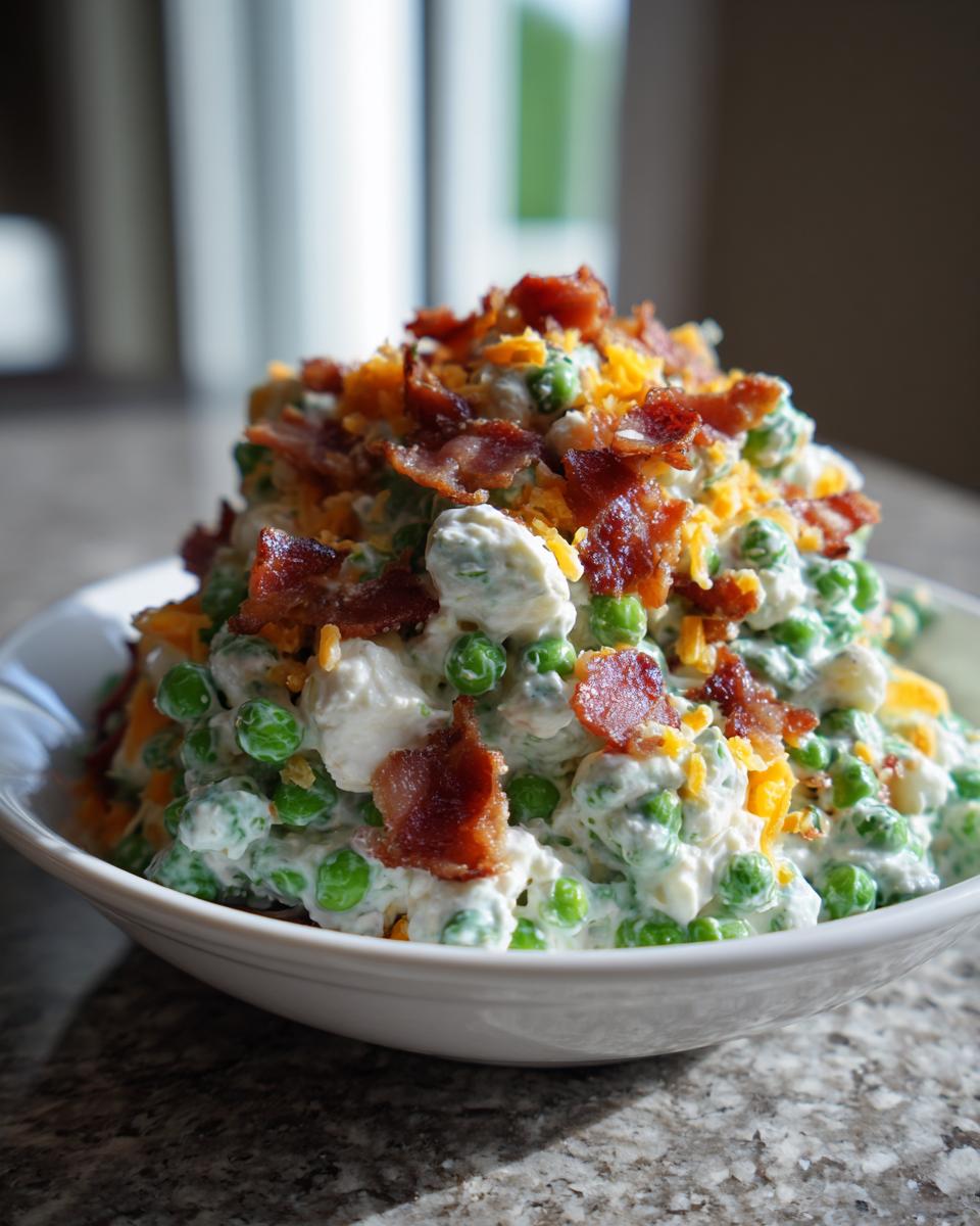 A bowl overflowing with creamy pea salad, generously topped with crumbled bacon and shredded cheddar cheese.