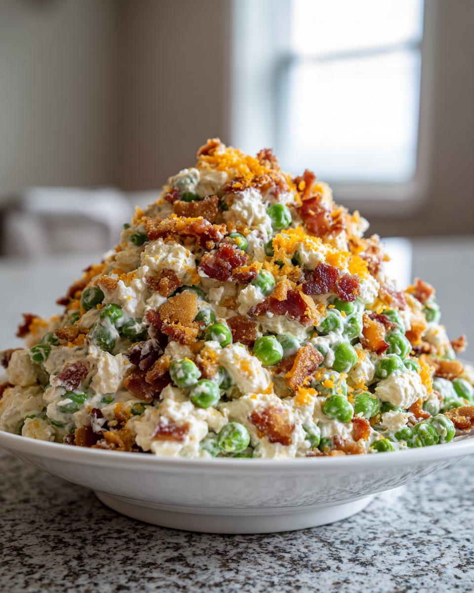 A large mound of creamy pea salad mixed with bacon bits and topped with more bacon and shredded cheese.