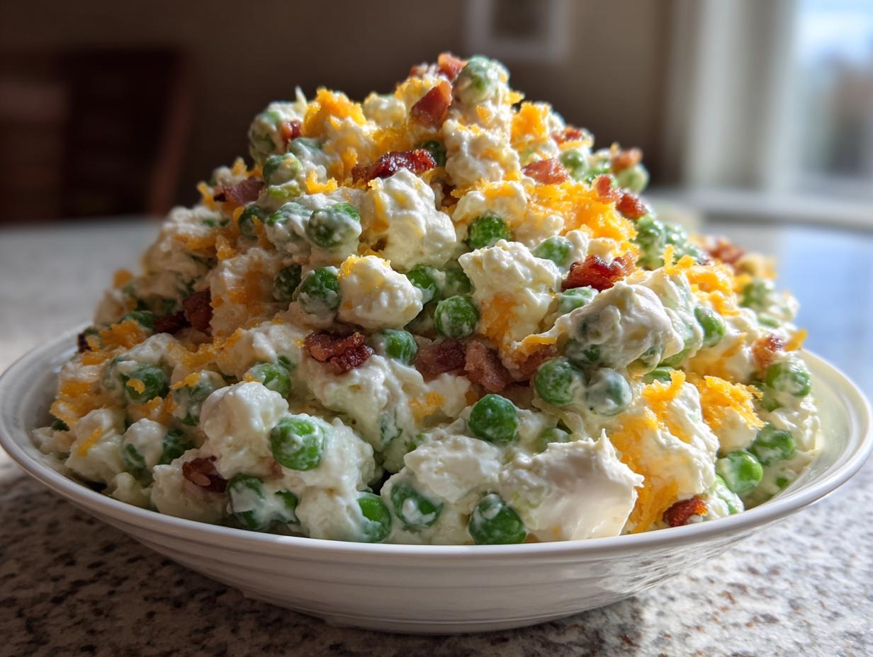 A large mound of creamy pea salad mixed with cheese and bacon bits, served in a white bowl.