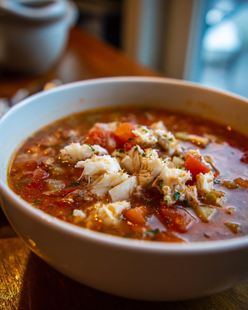 Close-up of a white bowl filled with rich, tomato-based Maryland crab soup, generously topped with white lump crab meat and herbs.