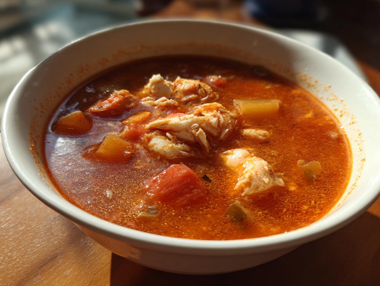 A close-up view of a white bowl filled with rich, red Maryland crab soup, featuring chunks of crab meat and vegetables.