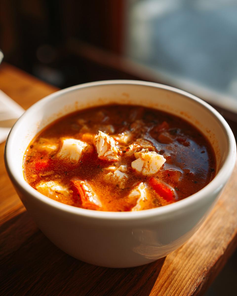 Close-up of a bowl of rich, red Maryland crab soup with visible chunks of white crab meat.