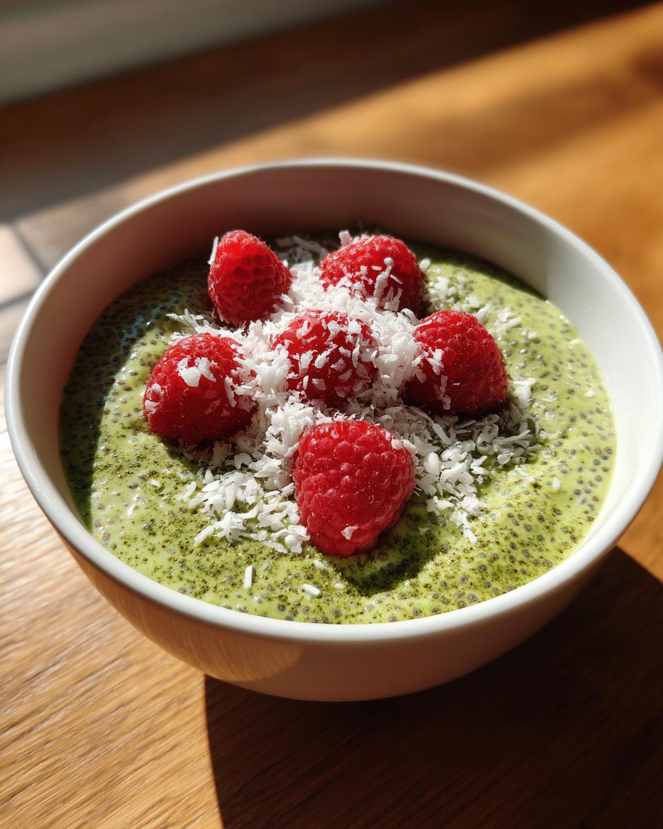Close-up of creamy matcha chia pudding topped with fresh raspberries and shredded coconut.