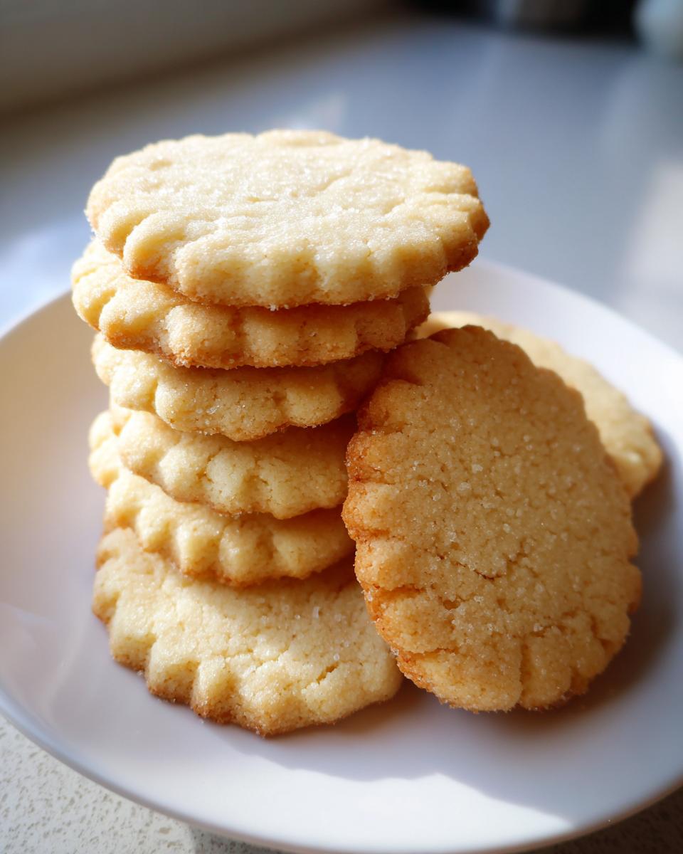 A stack of freshly baked, round, scalloped-edge sugar cookies sprinkled with sugar, sitting on a white plate.