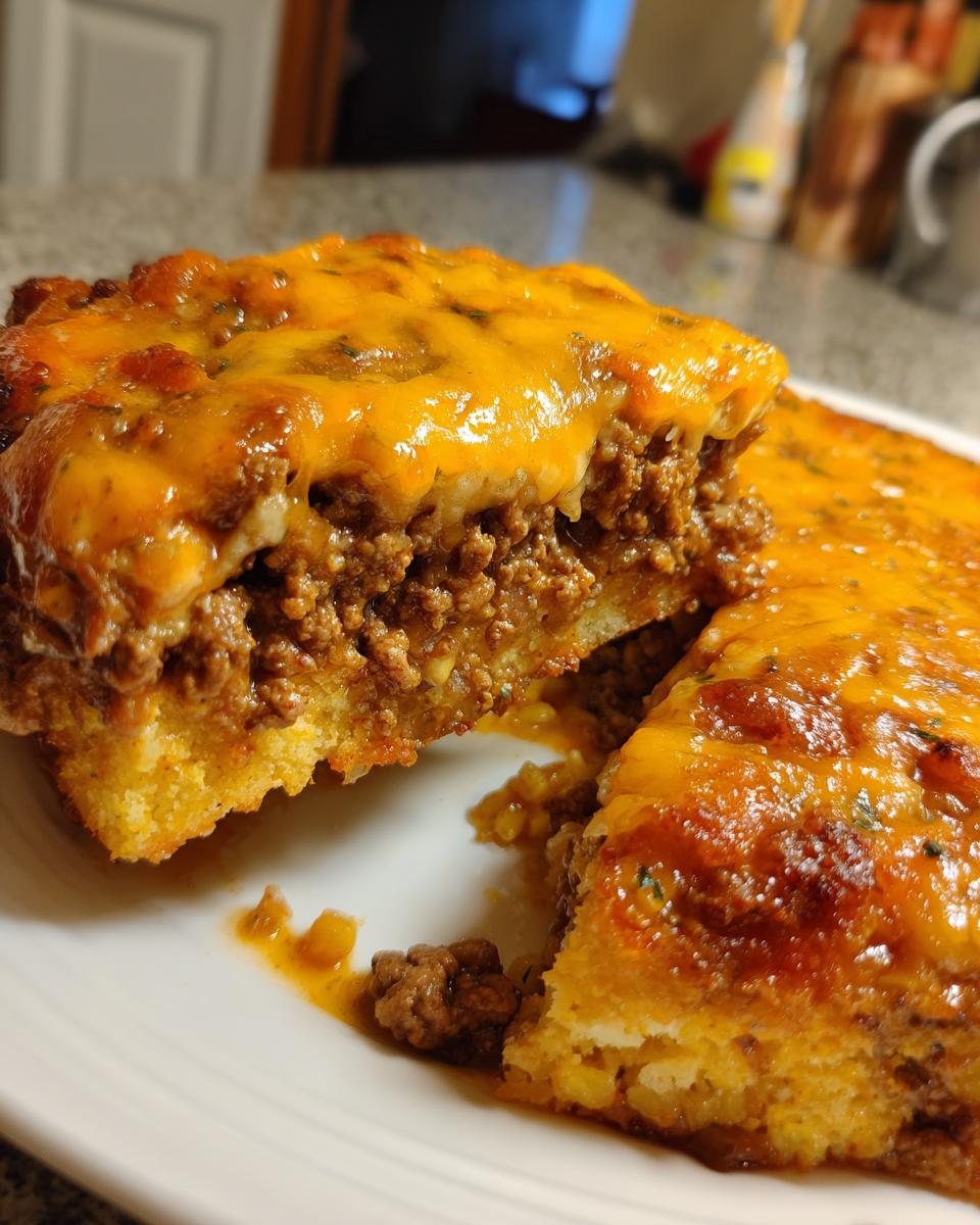 A close-up of a thick slice of mexican cornbread casserole showing layers of cornbread, seasoned ground beef, and melted cheddar cheese.