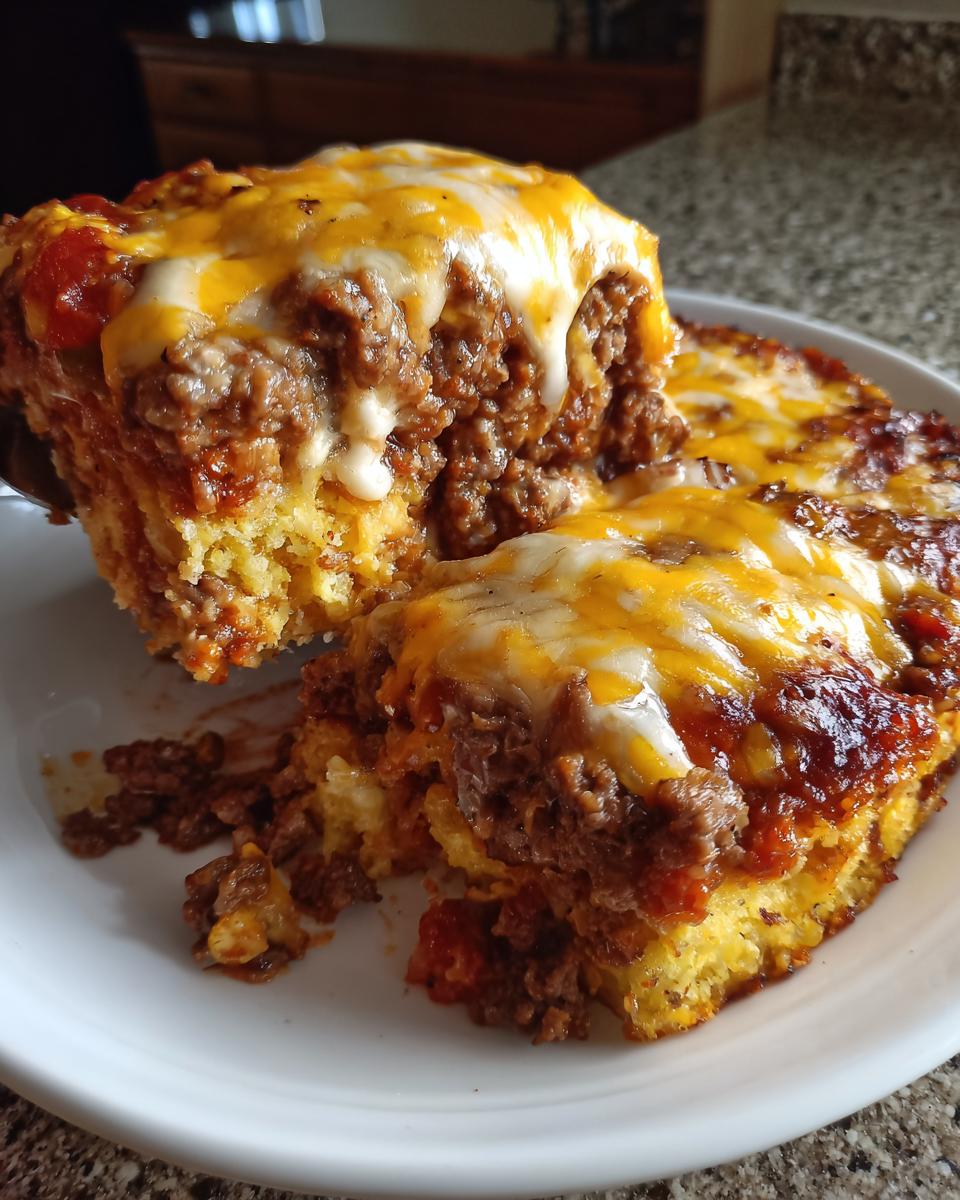 A serving spoon lifts a hearty slice of mexican cornbread casserole topped with seasoned ground beef and melted cheddar cheese.