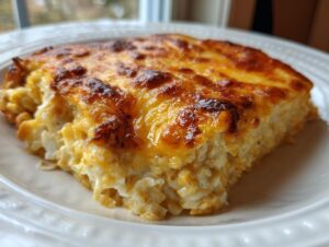 A close-up of a square slice of creamy Mexican rice casserole with a deeply browned, cheesy top.