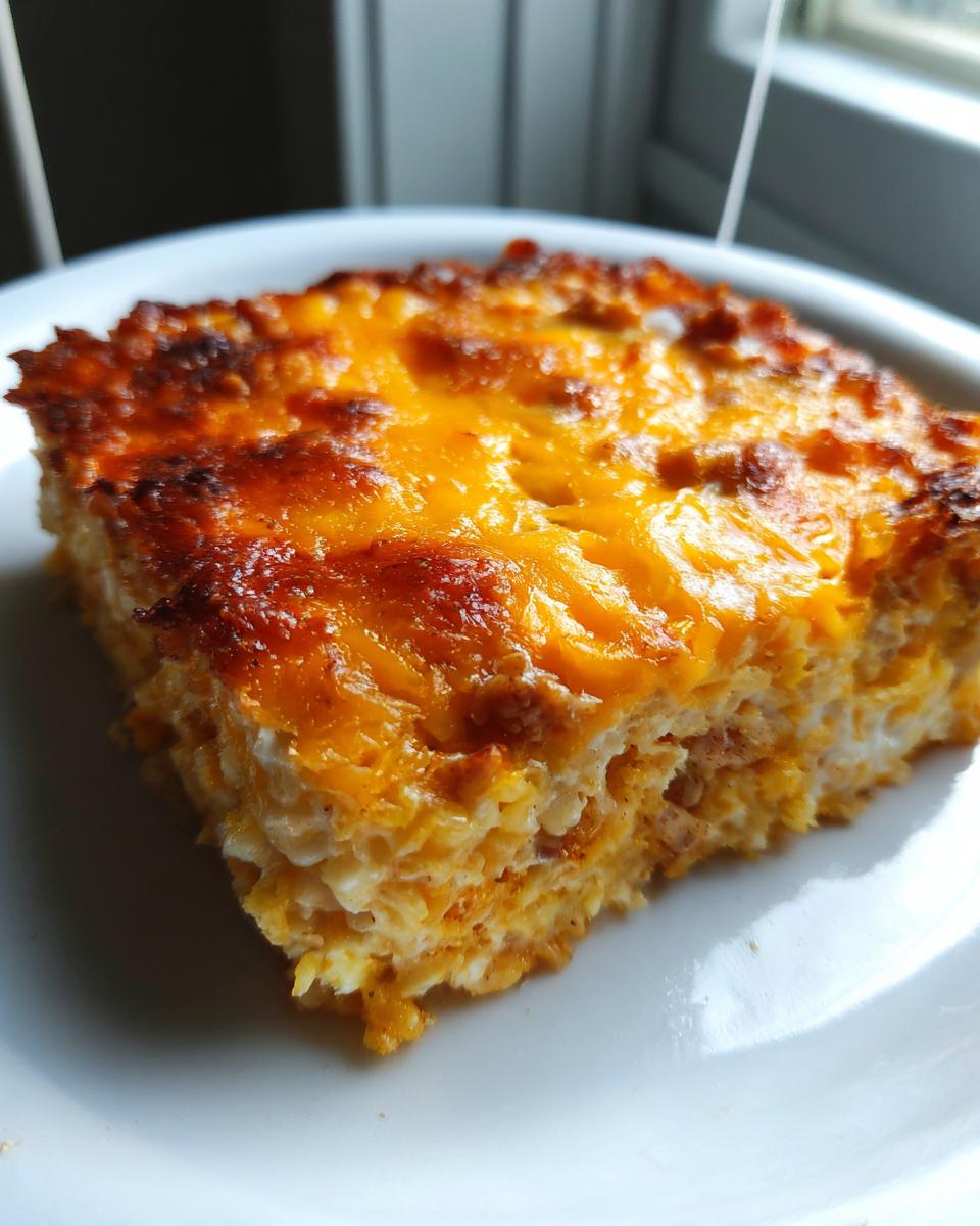 A square slice of Mexican rice casserole topped with bubbly, browned cheddar cheese, served on a white plate.