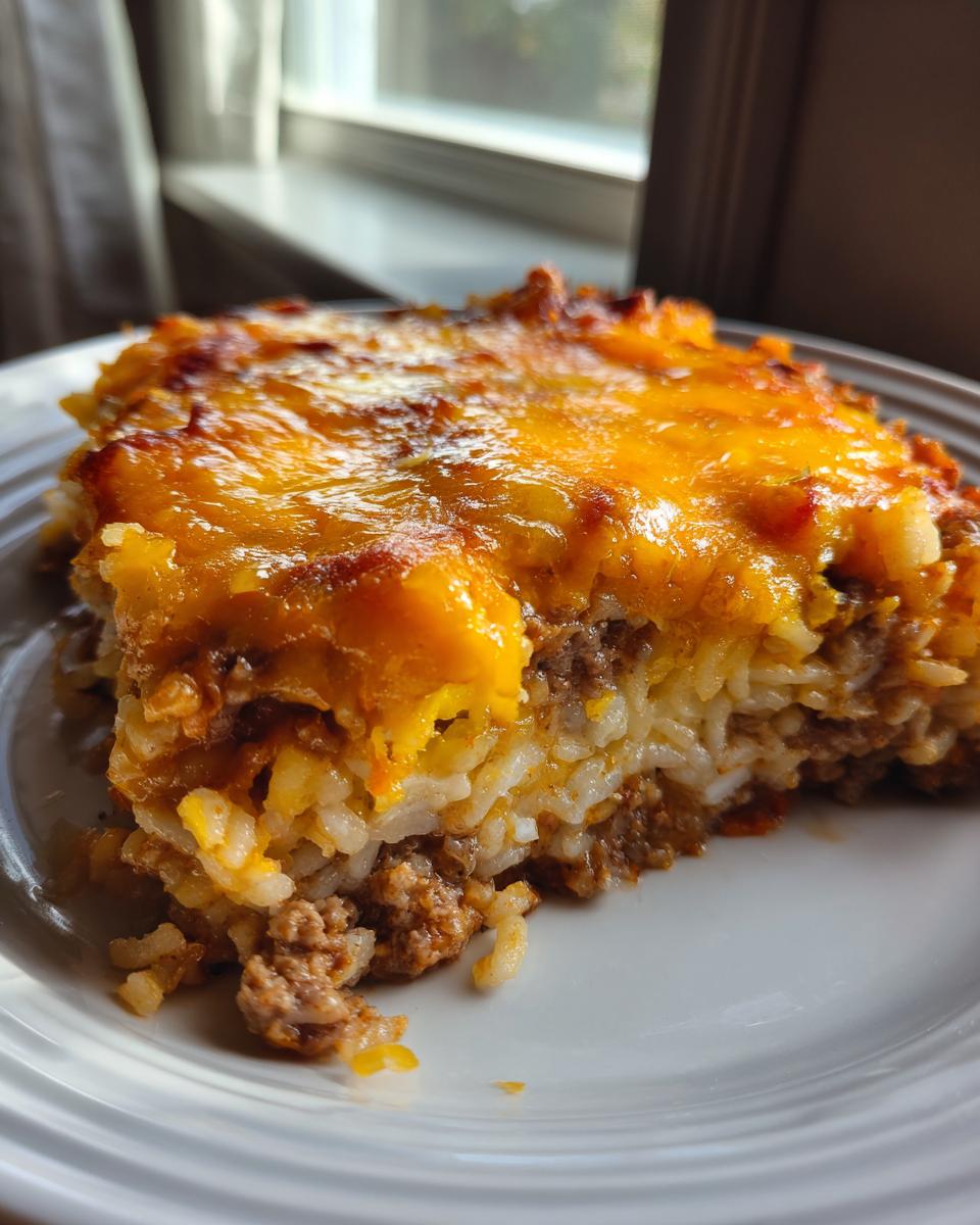 Close-up of a square serving of Mexican rice casserole featuring layers of seasoned ground meat, white rice, and a thick, bubbly layer of melted cheddar cheese.