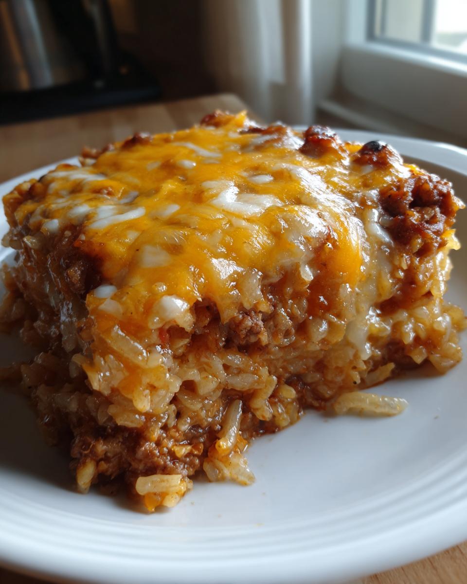 A square serving of Mexican rice casserole topped generously with melted orange and white cheddar cheese.