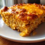 A close-up of a square slice of Mexican rice casserole, featuring fluffy rice mixed with orange sauce and topped with melted, browned cheese.